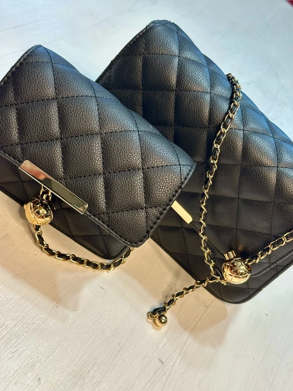 Black Quilted Crossbody Purse Set 2 Bags Gold Chain Faux Leather Matching